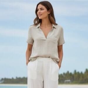 J crew small 100% Linen beige tan women blouse short sleeve beachy coastal